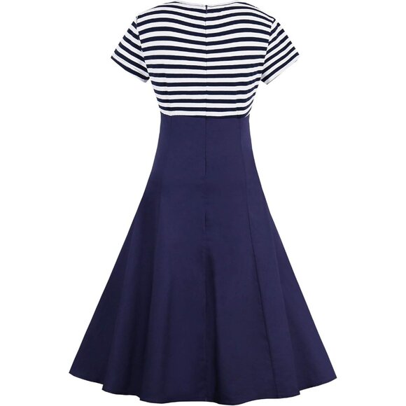 Women's Vintage Pin Up A Line Stripes Sailor Dress Cotton Polyester Spandex - Picture 3 of 7